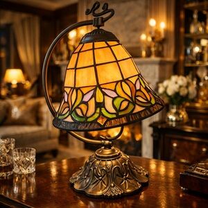 Stained Glass Table Lamp with Bronze Base